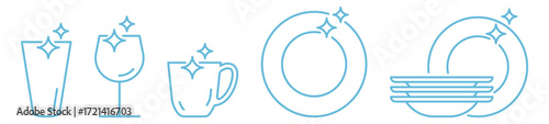 Clean dishes and glasses linear icons set isolated on transparent background. Includes plates, cups and kitchenware symbols. Simple outline design for dishwashing, hygiene, cleaning service, etc.