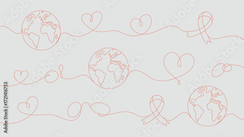 Continuous line drawing of earth globes hearts and ribbons on a white background in a simple style