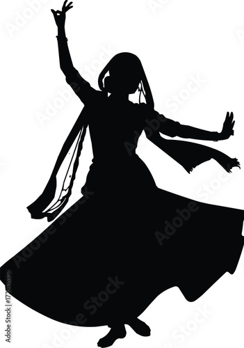 a  silhouette art of Dramatic Kathak spinning with elaborate costume, black on white