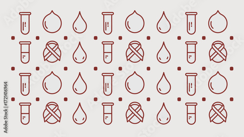 Pattern of blood donation related icons including blood drops test tubes and awareness ribbons on a white background