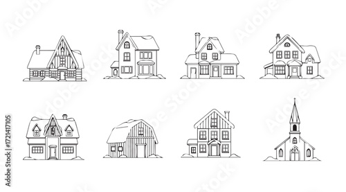 Collection of hand drawn architectural building silhouettes in sketch style