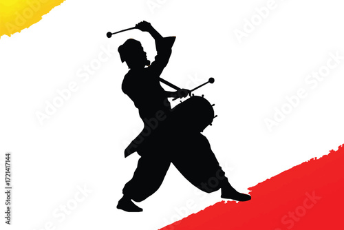 Dramatic dhol player silhouette with traditional costume and powerful motion
