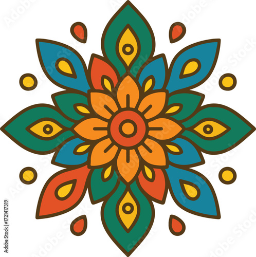 Colorful Mandala Pattern With Floral Elements: Abstract Boho Decorative Artwork For Walls