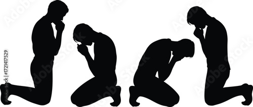Kneeling silhouette figures, prayer and contemplation poses, emotional reflection, spiritual practice, flat vector illustration, isolated black icons, humble posture