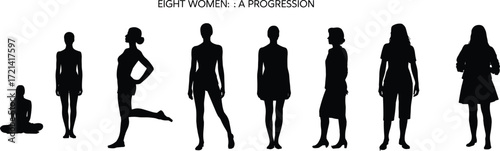 Female life progression, woman silhouette stages, aging timeline, childhood to adulthood, flat vector illustration, isolated black icons, growth concept