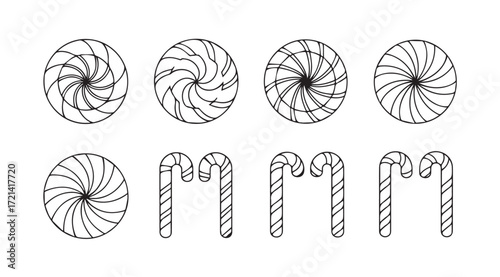 Collection of swirling lollipop and candy cane illustrations in silhouette style