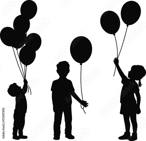 Children holding balloons, playful silhouette scene, joyful kids vector, black icons of fun, childhood moment captured, flat vector illustration