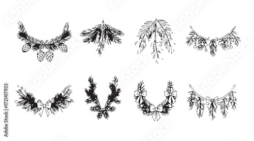 Collection of ornate botanical leafy garland and wreath designs silhouette