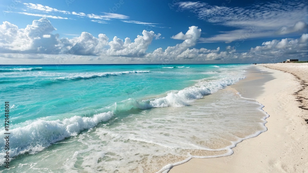 Fototapeta premium Tropical Beach with Blue Sky and Turquoise Waves in Summer