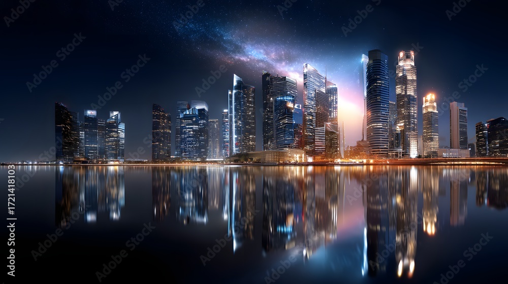Fototapeta premium Dramatic nighttime urban skyline with glowing skyscrapers and shimmering water reflections, creating a modern cinematic cityscape ideal for text overlays