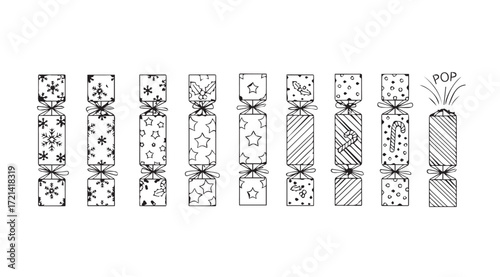 A row of festive christmas crackers in a charming black and white silhouette style