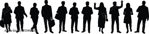 Business people silhouettes, corporate team standing, professional attire, office workers group, black vector icons, career concept, flat vector illustration