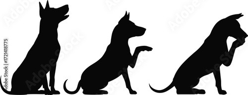 Dog silhouette poses, sitting dog gestures, playful pet behavior, black vector dogs, expressive canine icons, animal tricks, flat vector illustration