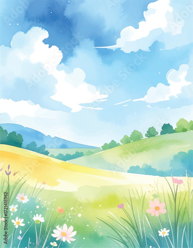 A cute abstract watercolor illustration of soft pastel colors: blue sky, meadow, meadow hill wallpaper background