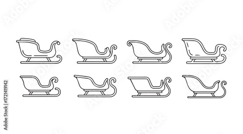 Collection of eight festive christmas sleigh outlines in a silhouette style