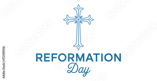 Reformation Day illustration with ornate blue Christian cross and elegant typography commemorating Protestant reform and religious heritage
