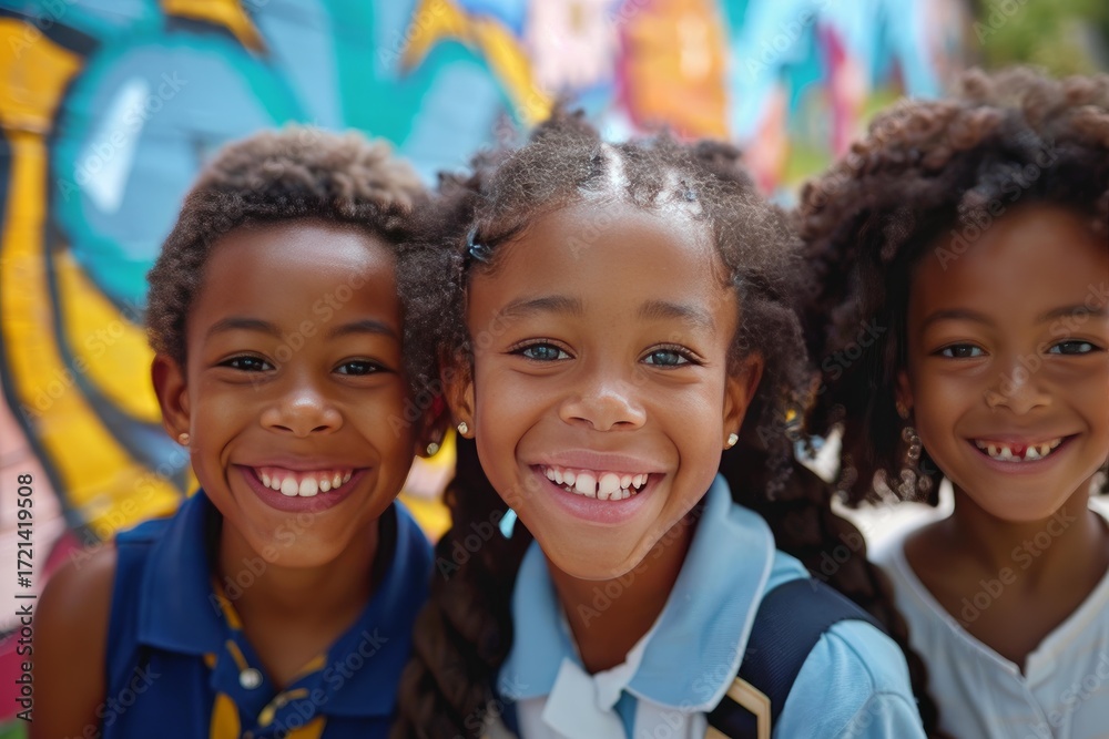 Fototapeta premium Portrait of three cheerful elementary age students smiling and posing in front of a colorful graffiti wall