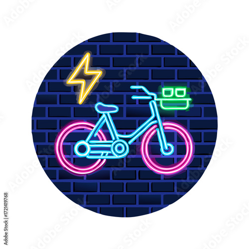 Electric bike in charge. Glowing neon icon on brick wall background .vector
