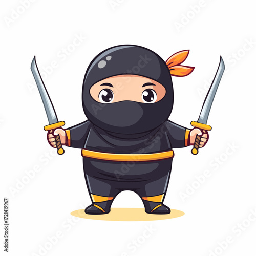 Cartoon ninja character stands ready, holding two swords, prepared for action.
