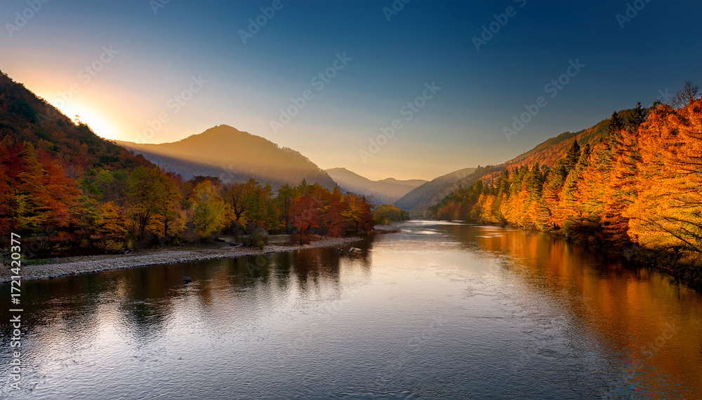 Fototapeta premium Picture Of A Tranquil River Surrounded By Mountains And Autumn Foliage During The Golden Hours Of Fall