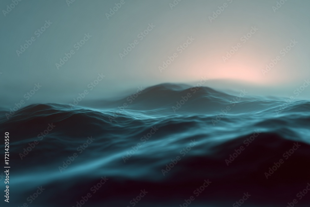 Fototapeta premium An artistic depiction of a mist-covered landscape with smooth, flowing hills under a gentle, diffused light, evoking a dreamy and peaceful atmosphere suitable for backgrounds or creative projects.