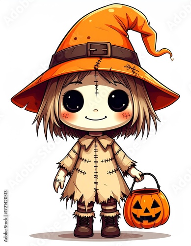 Cute Scarecrow Girl Trick or Treating Halloween