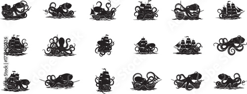 Octopus attacking ships vector illustration kraken sea monster pirate ship silhouette nautical adventure art