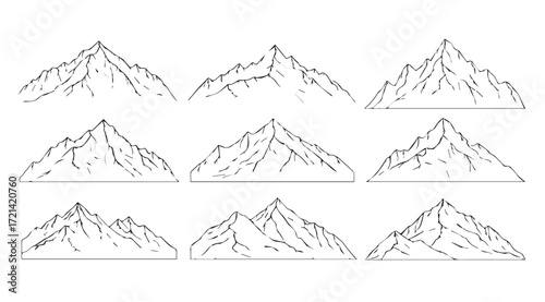 Collection of detailed mountain peaks in a distinctive silhouette style