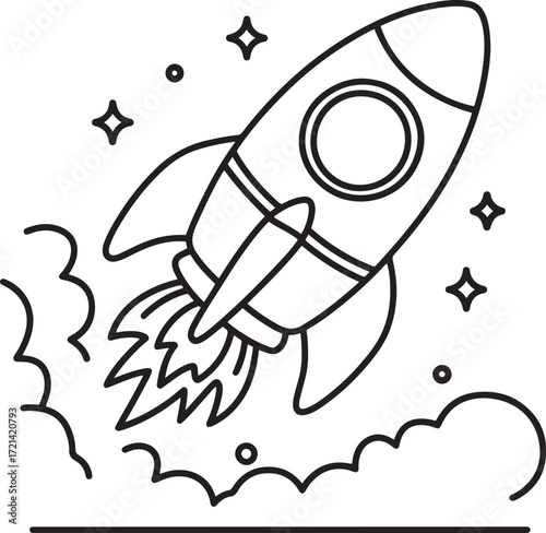 Outer Space Rocket Launching into the Stars Line Art Illustration