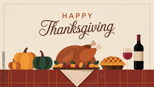 Thanksgiving celebration illustration with roasted turkey, festive table setting, pumpkin, pie, wine, and traditional holiday decorations