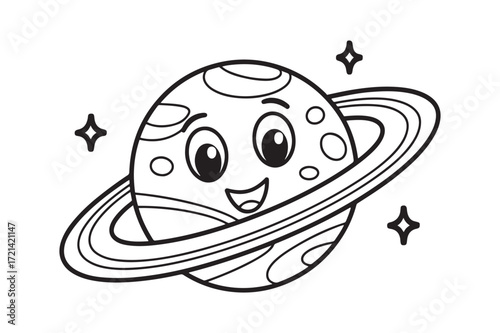 Cute Smiling Saturn Planet with Rings Line Art for Kids Education