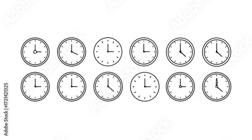 Collection of oval shaped clock faces showing different times silhouette