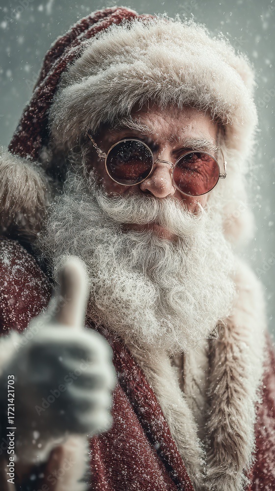 Obraz premium Santa Claus gives a thumbs up in a snowy winter landscape wearing sunglasses and a festive coat
