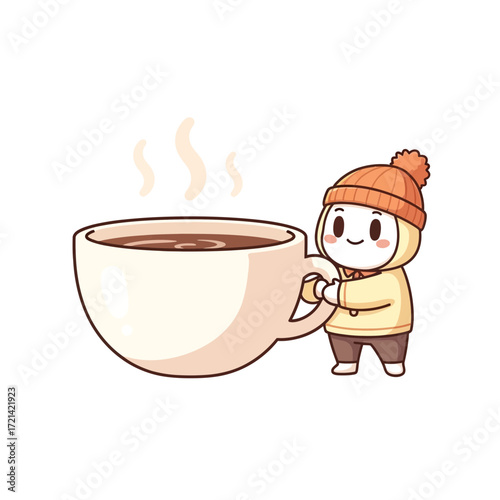 Charming Cartoon Figure Embracing a Huge Steaming Mug of Warm Beverage for Cozy Moments