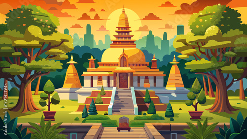 Mahabodhi Temple Complex at Bodh Gaya, India, marks the enlightenment site of the Buddha, surrounded by sacred trees, ancient railings, and peaceful courtyards.