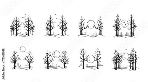 Eight unique stylized tree and face silhouette designs for artistic projects