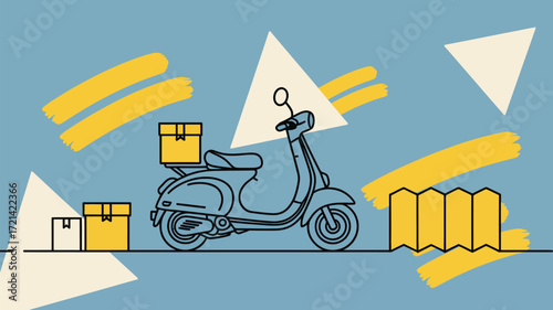 A delivery scooter with boxes and yellow brush strokes against a blue and white geometric background