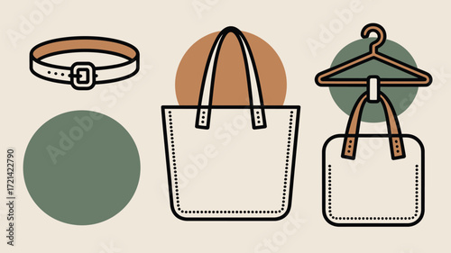 Illustrated belt tote bag and hanger with tote bag in a simple flat design with earth tone circles