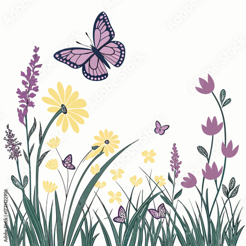 Delicate purple butterflies flutter among blooming yellow and purple wildflowers and green grass