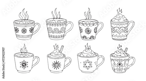 Collection of ornate hot beverage mugs with steam silhouette