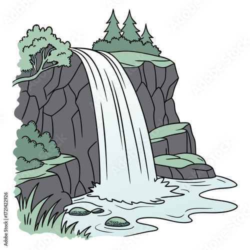 Cartoon illustration of a cascading waterfall flowing over rocky cliffs surrounded by lush greenery and trees