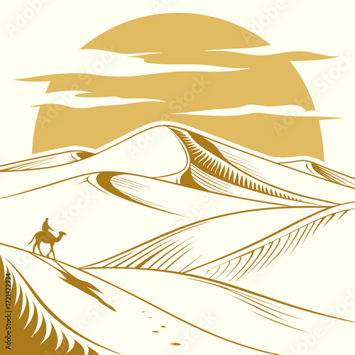 Lone camel rider traverses vast golden desert dunes under a stylized sun and cloudy sky