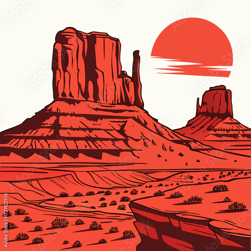 Iconic monument valley landscape with red mesas under a vibrant sunset sky