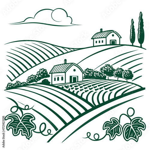 Stylized green line art illustration of rolling hills with vineyards and farmhouses under a cloudy sky