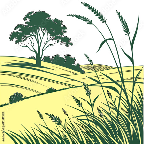 Stylized green landscape with rolling hills a solitary tree and tall grass in the foreground