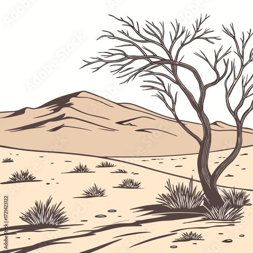 Stylized illustration of a barren desert landscape with sand dunes and a solitary dead tree