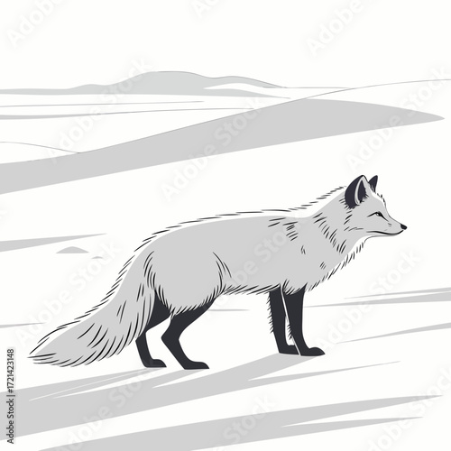 Stylized illustration of a light gray fox standing in a minimalist snowy landscape with rolling hills in the background