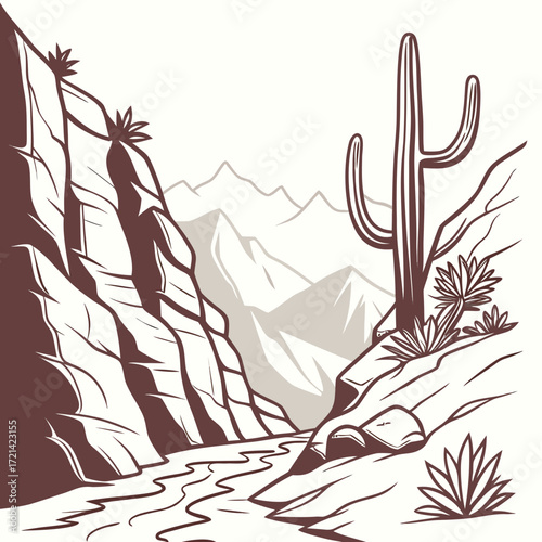 Stylized illustration of a desert canyon with a winding river and a saguaro cactus against distant mountains