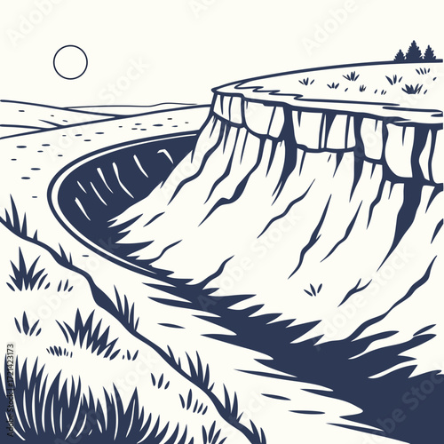 Stylized illustration of a dramatic cliff edge overlooking a winding river or canyon under a simple sun
