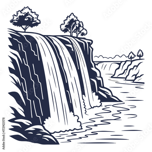 Stylized illustration of a majestic waterfall cascading over a cliff edge into a flowing river below